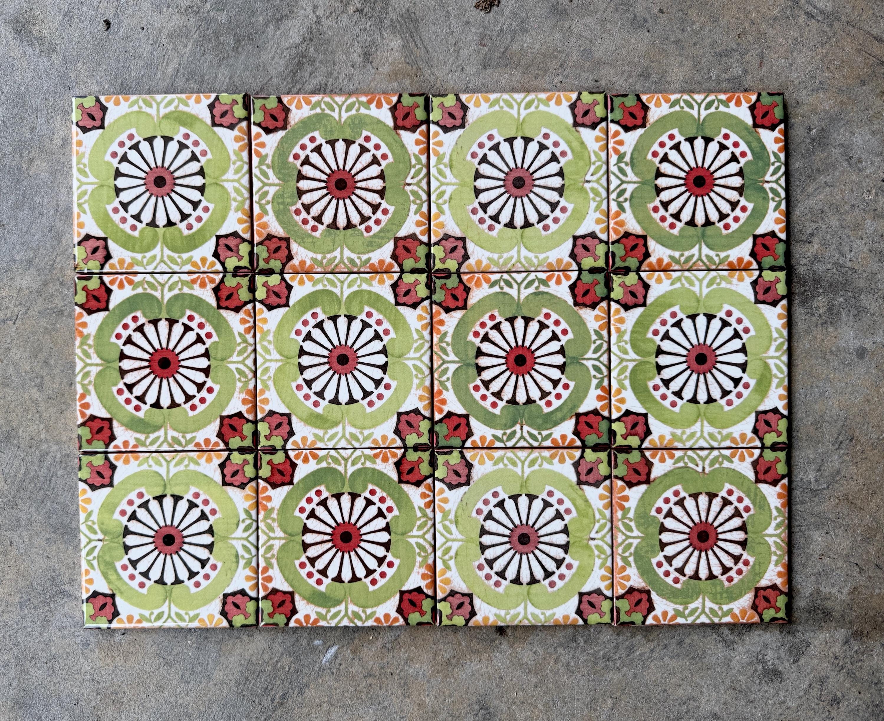 70s Retro Floral Tiles: Green Vintage Tile With Yellow & Rose for ...