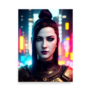 May include: A woman with dark hair styled in a bun, wearing a futuristic, metallic armor with gold accents. Her eyes are a vibrant blue, and she has a serious expression. The background is a blurred cityscape with neon lights.