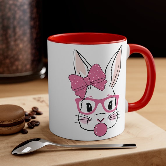Coquette Rabbit mug, Retro bubble gum pink bow tie rabbit cup, Easter bunny with glasses mug, Easter gift