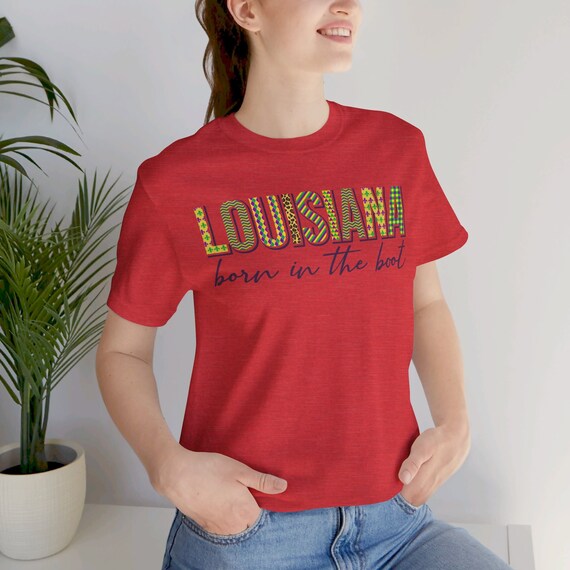 Mardi Gras Louisiana Pride Shirt, Featuring 'Born in the Boot' in Elegant Black Script, Perfect for Festive Occasions, Unique local gift