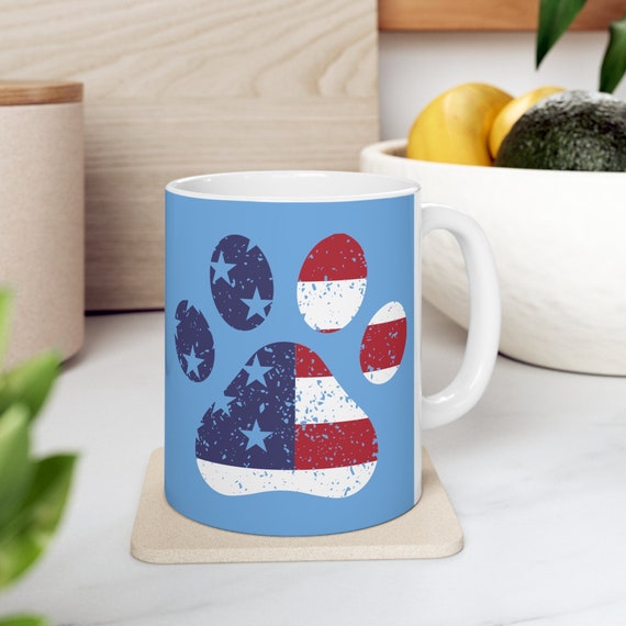 Dog paw American flag mug, grunge dawg paw cup, Usa Flag pet mug, Independence Day pet Lover gift