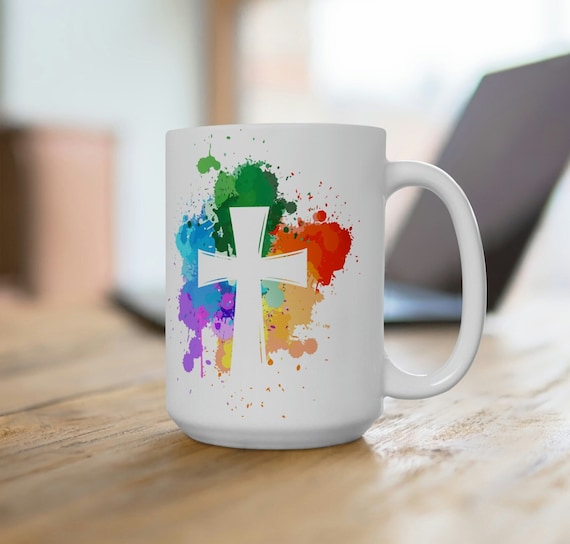 Multi-colored cross mug, cross cup, Christian cup, religious gift, Christian gift