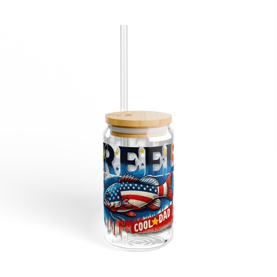 Reel Cool Dad Fishing Dad Libbey Glass Can, 4th Of July Patriotic 16 oz Libbey Glass Can, Fishing American Tumbler