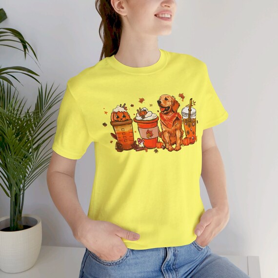 Fall Golden Retriever T-Shirt, Autumn Coffee Lover Tee, Perfect for Halloween, Ideal Gift for Dog and Coffee Enthusiasts