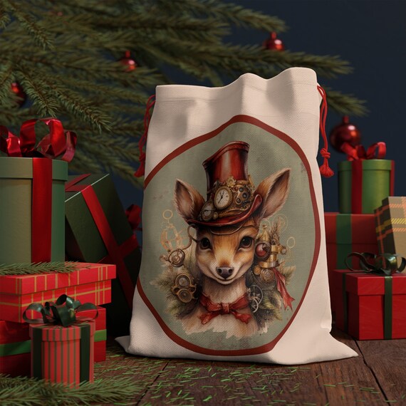 Christmas Reindeer Steampunk bag, Steampunk Santa sack, Cyberpunk gift, Holiday gift for friend, Victorian Reindeer Bag
