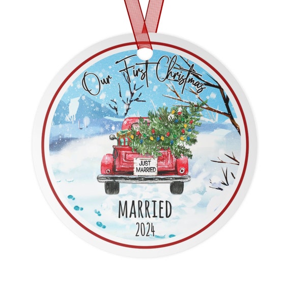 First Christmas Married Ornament, Couple Holiday Bauble, Red Truck Festive Gift, 1st Anniversary Keepsake, First year Married ornament