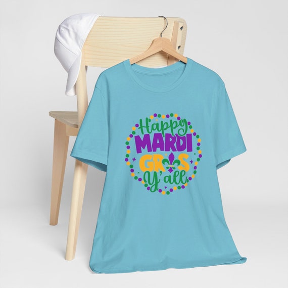 Mardi Gras Themed Shirt, Bold Colors, Beads, and Script, Perfect Attire for Celebrations, Great Gift for Party Lovers and parades