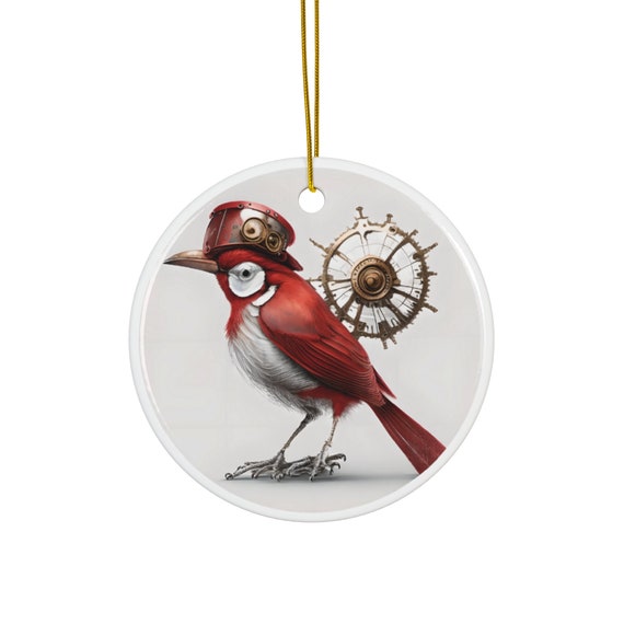 Steampunk Red Bird Christmas Ornament, Unique Gift for Steampunk Lovers, Round Steampunk Holiday Decor, Steampunk Holiday bauble