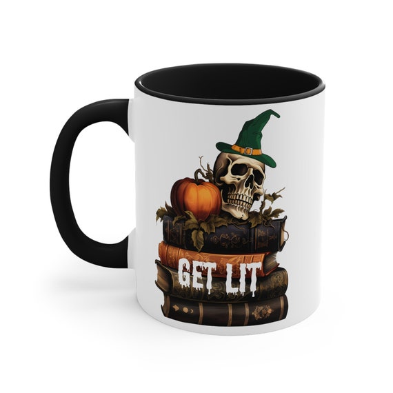 Halloween reading mug, literature mug, reading gift, Get lit, book lover mug, librarian gift