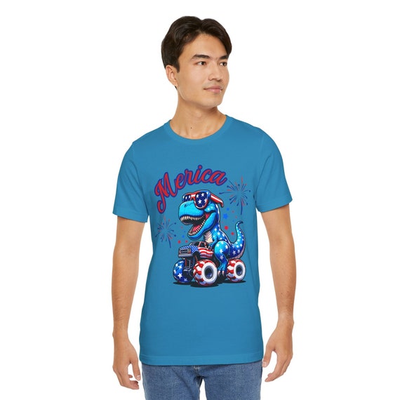 T-Rex Merica T-shirt, Fourth of July shirt, Dinosaur Patriotic tee, 4th of July gift, T-Rex on motorcycle gift,