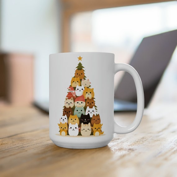 Cat tree mug, Kuwaii cup, Christmas kitty tree gift, cat tree mug, kitty cup, cat lover gift, holiday mug