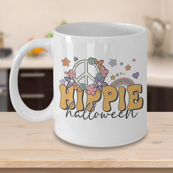 Hippie halloween mug, hippie coffee cup, peace mug, rainbow cup, peace sign