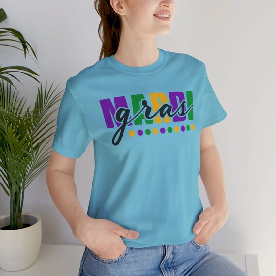 Mardi Gras Themed Shirt, Bold Colors, Beads, and Script, Perfect Attire for Celebrations,  Party Lover gift, perfect for parades and parties