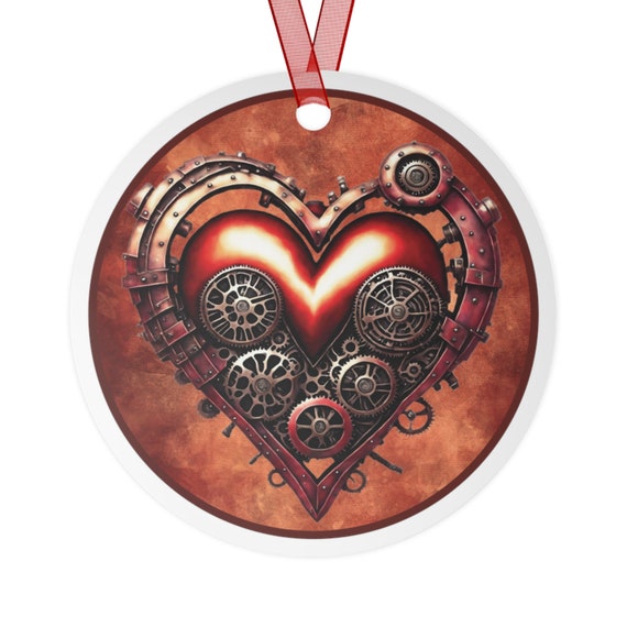 Steampunk heart Metal Ornament, Valentines Day heart gift, Unique gift for coworker, Steampunk heart bauble, gift for dieselpunk lover