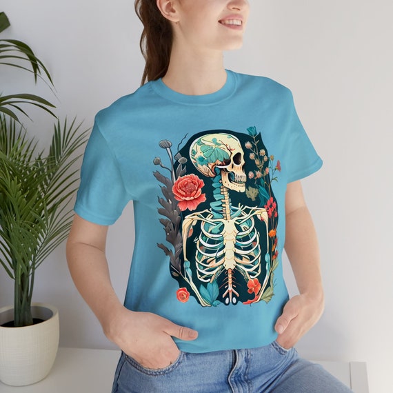 Whimsigoth skeleton pink floral shirt, Skeleton flower t-shirt, Whimsigoth gift, gift for Goth lover, Boho skeleton gift