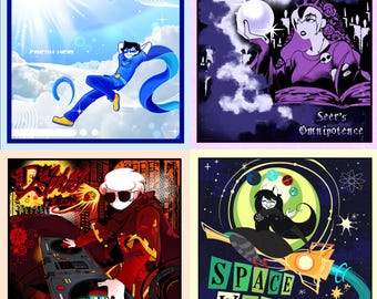May include: A collage of four digital illustrations featuring characters from the webcomic Homestuck. The top left image shows a blue character with a blue scarf floating in the sky. The top right image shows a purple character with a crown and a glowing orb. The bottom left image shows a red character with a white mask and a DJ setup. The bottom right image shows a black character with horns and a rocket ship.