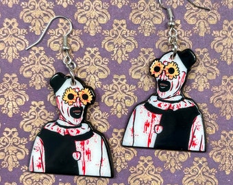 Terrifier earrings, Art the Clown, Halloween earrings, horror earrings, All Hallows Eve, flower variation, clown earrings, evil clown