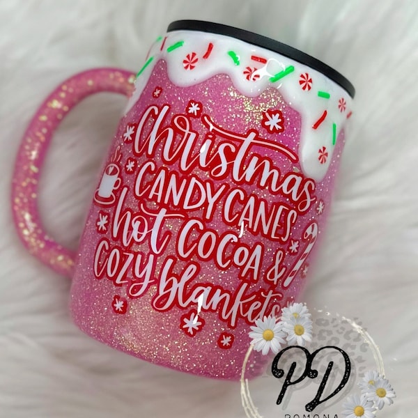 Custom Coffee Hot Cocoa Christmas Candy Canes glitter tumbler mug