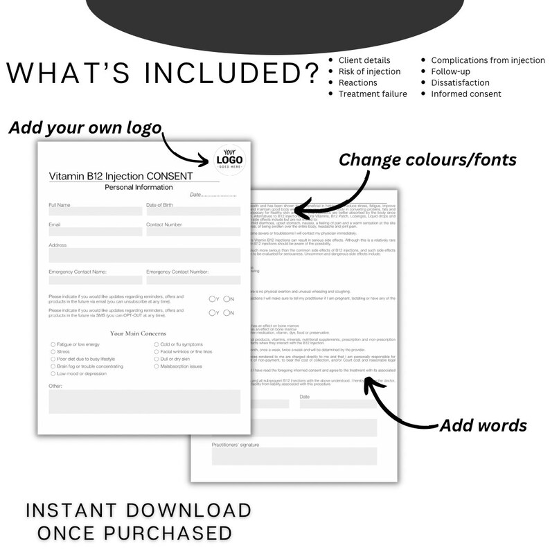 Editable Vitamin B12 Injection Consent Form for Aesthetic Practitioners