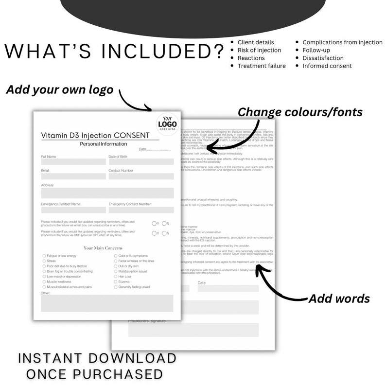 Editable Vitamin D3 Injection Consent Form for Aesthetic Practitioners