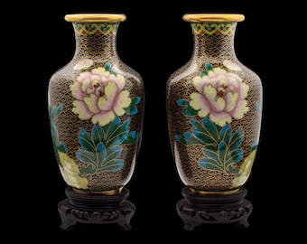 Vintage 1960s Chinese Cloisonné Vases: Hand-Made Peony Pair