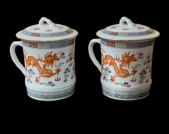 Vintage Jingdezhen Porcelain Teacup with Lid: Imperial Red Dragon Design