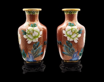 Vintage 1960s Chinese Cloisonné Vases: Hand Made Peony Pair