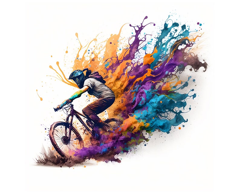 May include: A mountain biker in a helmet and protective gear rides through a colorful explosion of orange, purple, blue, and green paint.