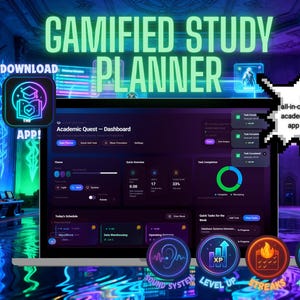 Puede incluir: Una pantalla de portátil muestra una interfaz de planificador de estudios gamificado con el texto "GAMIFIED STUDY PLANNER". La interfaz de la aplicación es oscura con acentos de neón, con barras de progreso, listas de tareas e iconos para sonido, subir de nivel, rachas y análisis.