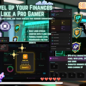 May include: A laptop screen displays a financial app with a gaming theme. The interface includes level-up notifications, XP badges, and progress bars. Text reads "Level Up Your Finances Like a Pro Gamer."