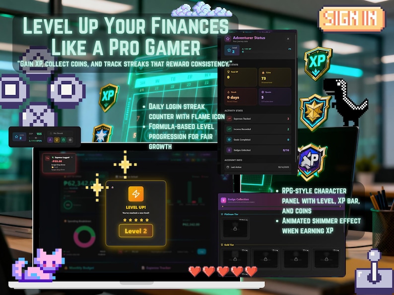 May include: A laptop screen displays a financial app with a gaming theme. The interface includes level-up notifications, XP badges, and progress bars. Text reads "Level Up Your Finances Like a Pro Gamer."