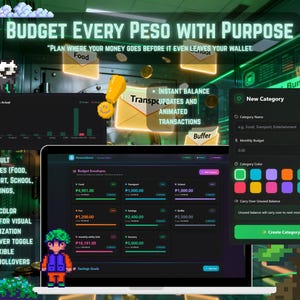 May include: A laptop screen displays a budgeting app interface with charts, graphs, and financial data. The app features categories for expenses, color-coded budgets, and animated transactions. Text on the screen reads "Budget Every Peso With Purpose."