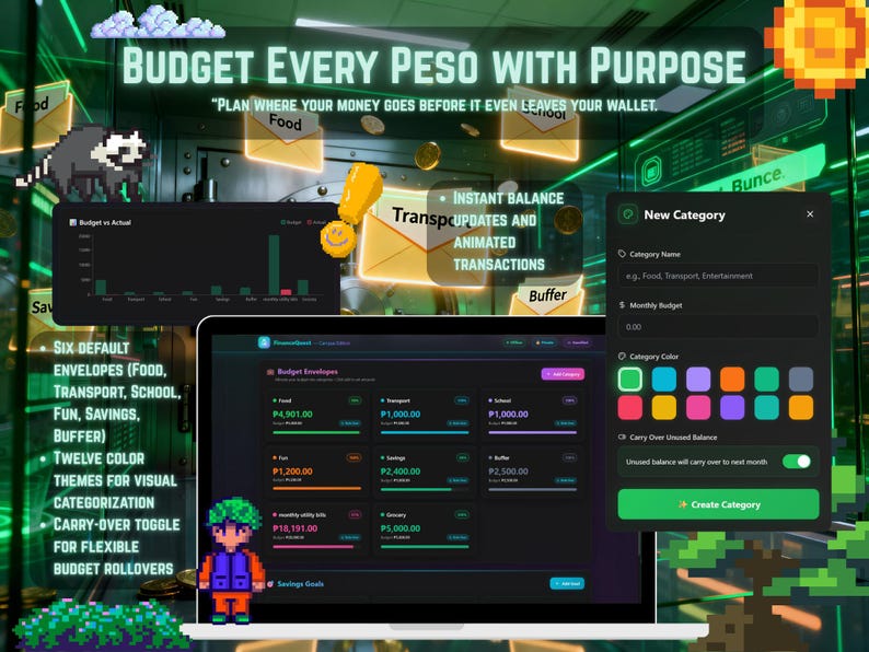 May include: A laptop screen displays a budgeting app interface with charts, graphs, and financial data. The app features categories for expenses, color-coded budgets, and animated transactions. Text on the screen reads "Budget Every Peso With Purpose."