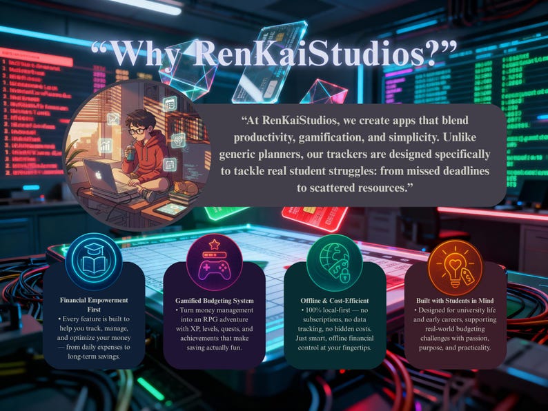 May include: An illustrated graphic promoting RenKaiStudios apps. The image features a person using a laptop, with text highlighting financial empowerment, gamified budgeting, offline cost-efficiency, and student-focused design. The text reads "Why RenKaiStudios?"