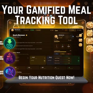 Op de afbeelding: Digitale interface voor een gamified maaltijdvolgtool. Het scherm toont een gebruikersinterface met voedingsinformatie, voortgangsregistratie en interactieve elementen. Tekst bevat "Your Gamified Meal Tracking Tool" en "Begin Your Nutrition Quest Now!"
