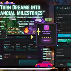 May include: A digital interface with the text "TURN DREAMS INTO FINANCIAL MILESTONES." The interface displays animated progress bars, savings goals, and a "New Badge Unlocked" notification. A pink car graphic is also present.