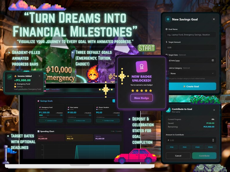 May include: A digital interface with the text "TURN DREAMS INTO FINANCIAL MILESTONES." The interface displays animated progress bars, savings goals, and a "New Badge Unlocked" notification. A pink car graphic is also present.