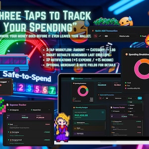 May include: A digital interface for a finance app, showcasing expense tracking and budgeting features. The interface displays charts, transaction logs, and a monthly budget summary. Text reads "THREE TAPS TO TRACK YOUR SPENDING" and "Safe-to-Spend".