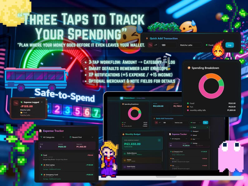May include: A digital interface for a finance app, showcasing expense tracking and budgeting features. The interface displays charts, transaction logs, and a monthly budget summary. Text reads "THREE TAPS TO TRACK YOUR SPENDING" and "Safe-to-Spend".
