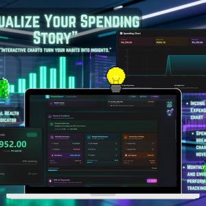 May include: A laptop screen displays a financial dashboard with charts and data visualizations. Text reads "Visualize Your Spending Story" and "Interactive charts turn your habits into insights." The interface includes an income vs expense bar chart and a spending breakdown pie chart.