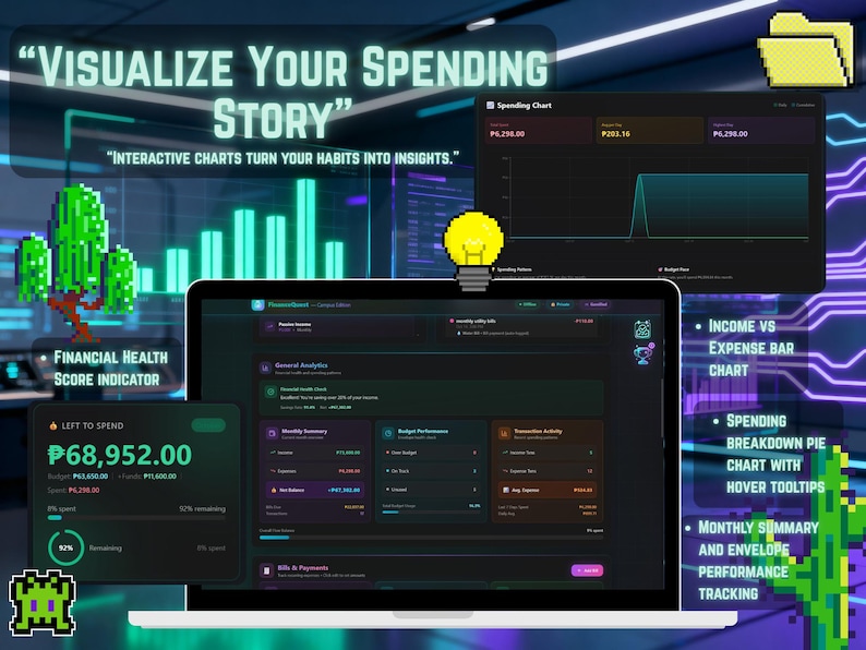 May include: A laptop screen displays a financial dashboard with charts and data visualizations. Text reads "Visualize Your Spending Story" and "Interactive charts turn your habits into insights." The interface includes an income vs expense bar chart and a spending breakdown pie chart.