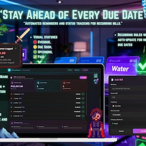 May include: A laptop screen displays a bill management application with the text "STAY AHEAD OF EVERY DUE DATE." The interface shows bill statuses, payment logging, and recurring rules. A pixelated character is visible.
