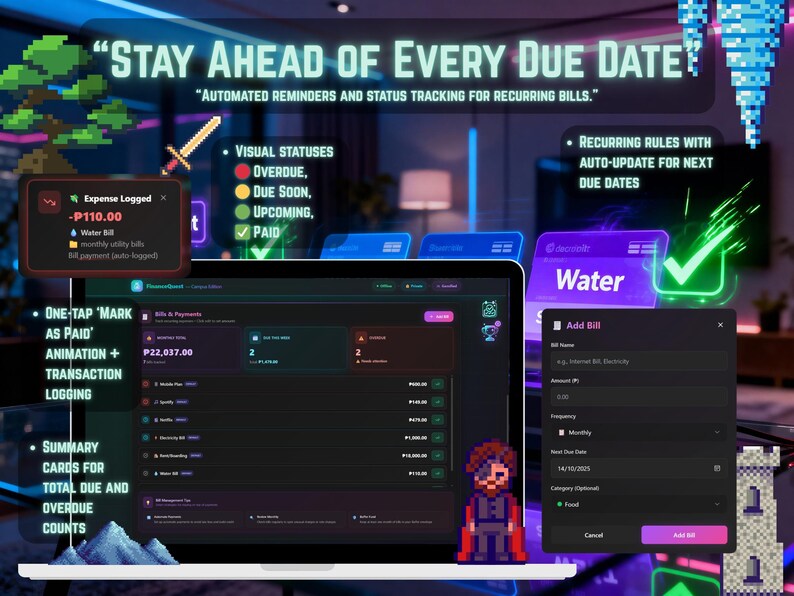 May include: A laptop screen displays a bill management application with the text "STAY AHEAD OF EVERY DUE DATE." The interface shows bill statuses, payment logging, and recurring rules. A pixelated character is visible.