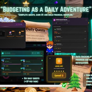 May include: A digital interface with the text "Budgeting as a Daily Adventure." Displays achievement quests, daily quests, and level-up notifications. Features a pixelated character and a corgi illustration. Includes coin rewards and XP animations.