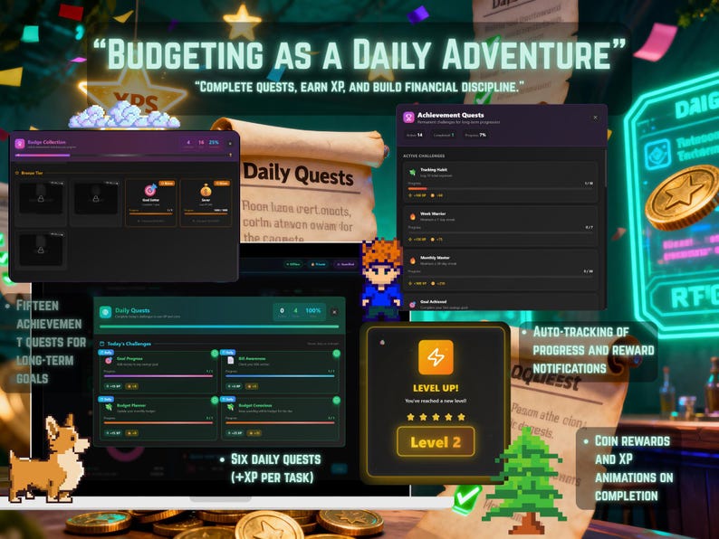 May include: A digital interface with the text "Budgeting as a Daily Adventure." Displays achievement quests, daily quests, and level-up notifications. Features a pixelated character and a corgi illustration. Includes coin rewards and XP animations.