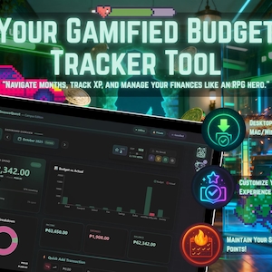 May include: A digital tablet displays a gamified budget tracker tool with the text "Your Gamified Budget Tracker Tool." The interface shows financial data, charts, and options to customize the experience and maintain streak points. The background has pixelated graphics.