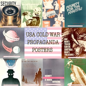 May include: A collage of nine vintage Cold War propaganda posters with a red, white, and blue American flag in the center. The posters feature various messages about security, including "Security for the Seventies", "The Best Course to Follow", and "One Man's Trash Can Be Another Man's Treasure!"