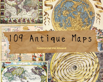 May include: A collage of 109 antique maps, featuring a variety of styles and designs. The maps are all in shades of brown, yellow, and blue, and they depict different parts of the world. The text "109 Antique Maps" and "Commercial Use Allowed" is displayed on a brown paper background.