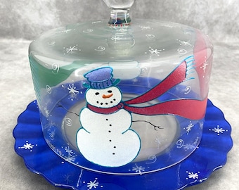 Vtg SMITHEREENS Hand Painted Vikki 98 Cake Stand Dome Snow Man Winter Holiday