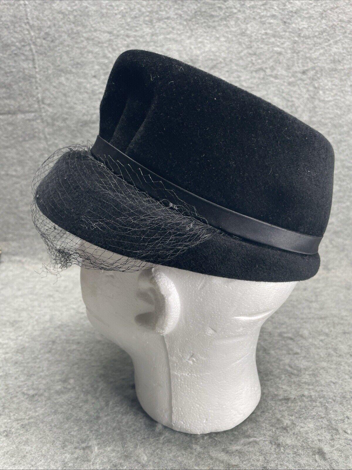 Vintage Black Pillbox Hat W/ Veil and Rhinestone Snowflake Brooch Union Made USA Vintage Black Pillbox Hat With Rhinestone Brooch & Signed  main image 4
